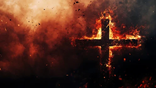 Flaming cross carves a fierce doorway through smoky night