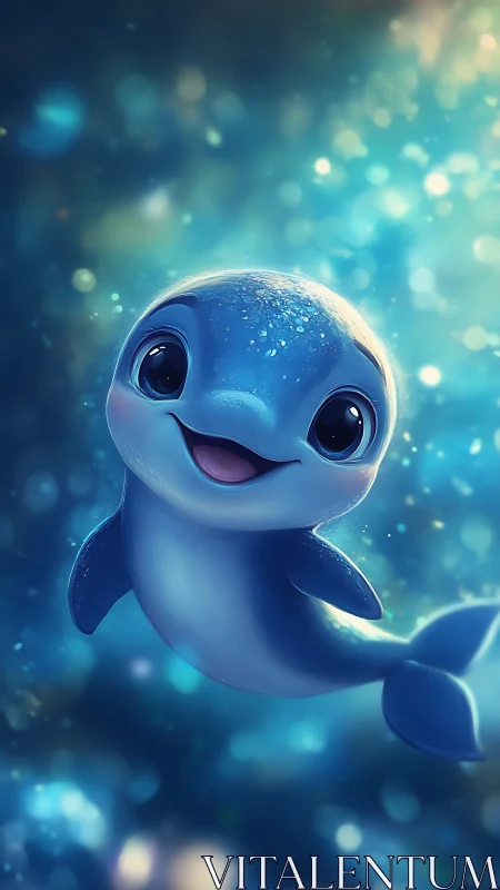 Playful baby dolphin in luminous underwater bokeh scene.