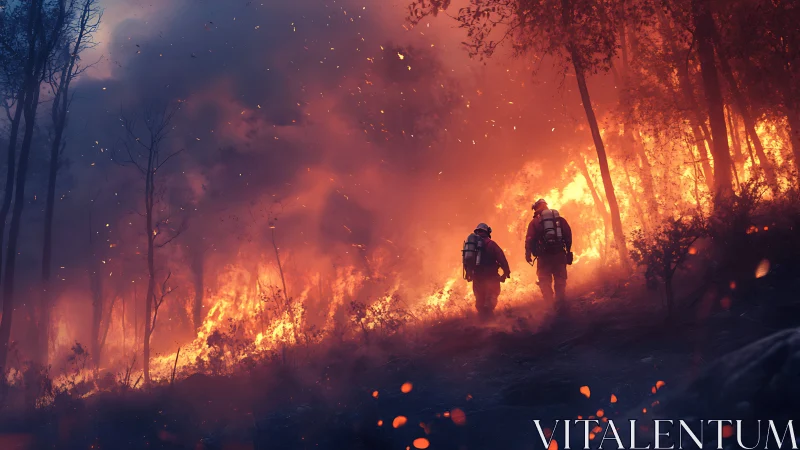 Forest Fire Scene With Two Firefighters Navigating Intense Flames
