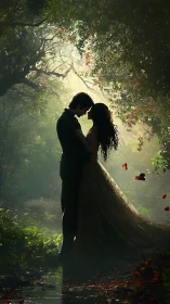 Romantic Forest Embrace: Silhouetted Couple Under Luminous Canopy.