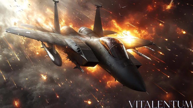 Twin-engine military jet aircraft executing combat maneuver through explosive environment