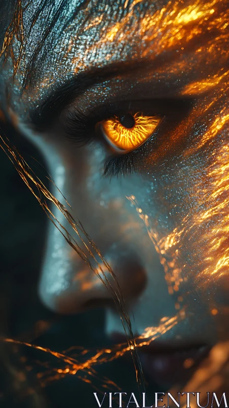 Ember-eyed gaze in a storm of electric light and shadow.