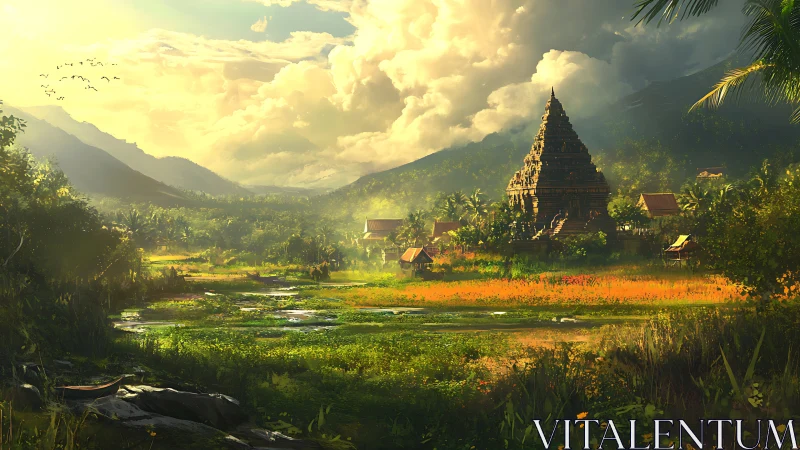 Sunlit jungle temple dreaming under thundercloud skies.