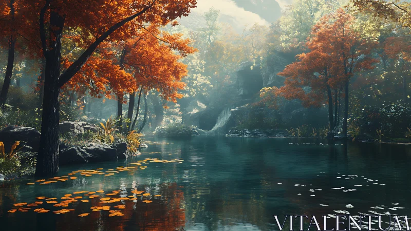 Autumn forest river reflects vivid foliage under diffuse light