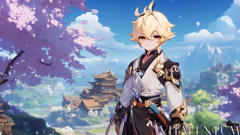 Blond anime swordsman in ornate armor before tiered temples
