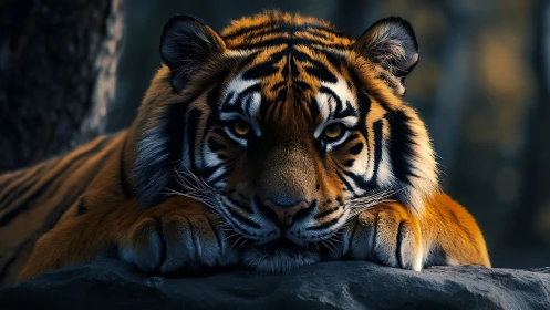 Gentle twilight tiger resting in quiet forest shadows.
