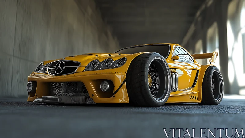 Low-slung golden supercar prowling an echoing concrete lair.