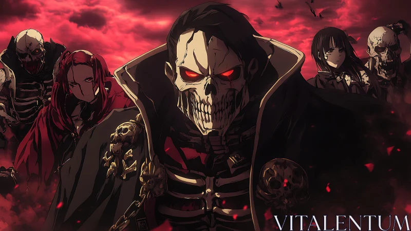 Skeletal figures in cloaks under red storm-filled sky.