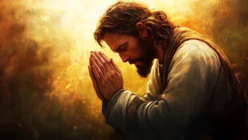 Luminous kneeling figure in contemplative prayer posture study.