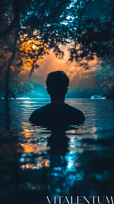 Silhouette of lone swimmer in glowing forest river at dusk.