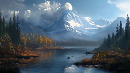 Snowcapped mountain towers above tranquil alpine lake at dawn