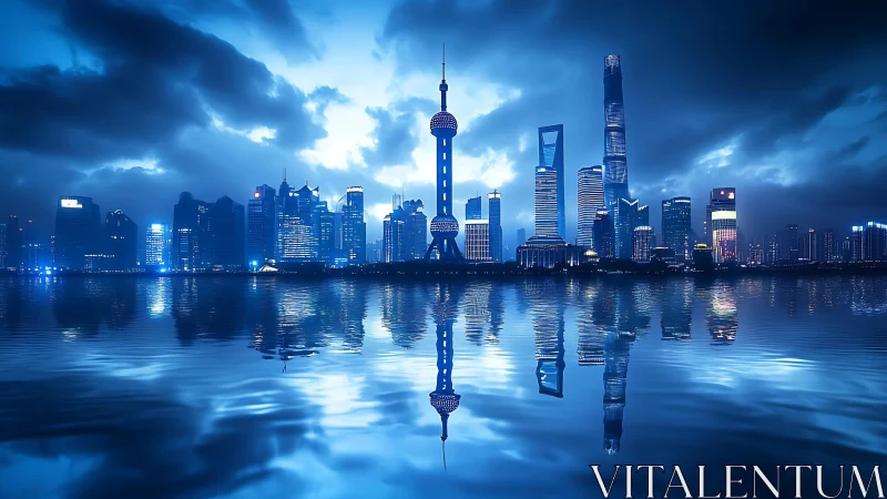 Nocturnal blue megacity skyline with mirrorlike harbor reflection