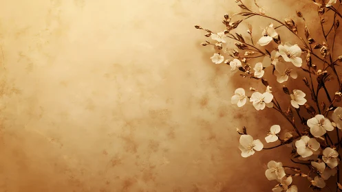 Delicate White Blossoms on Brown Branches Against Warm Sepia-Toned Background