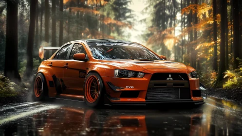 Fiery orange tuner car glides confidently through a misty forest road