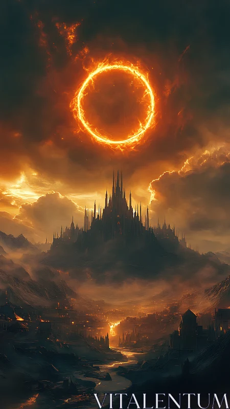 Fiery ring over dark spired citadel in volcanic valley.