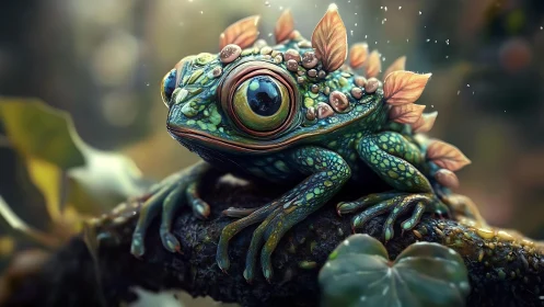 Leaf-crested fantasy frog rests in a softly glowing forest
