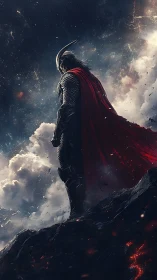 Armored warrior surveys storm-torn sky from volcanic ridge