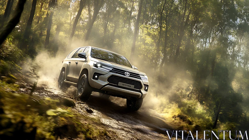 Silver SUV off-road on muddy forest trail with motion dust plume