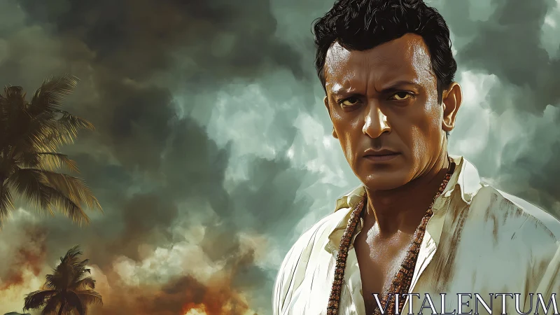Storm-lit portrait of intense man against turbulent tropical sky