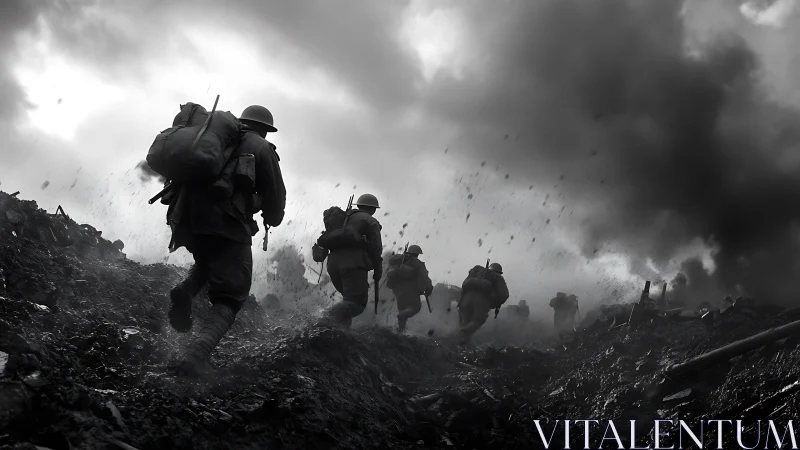 Storm of steel erupts as soldiers charge through burning mud.
