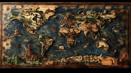 Fantasy world map with carved continents and epic seas.