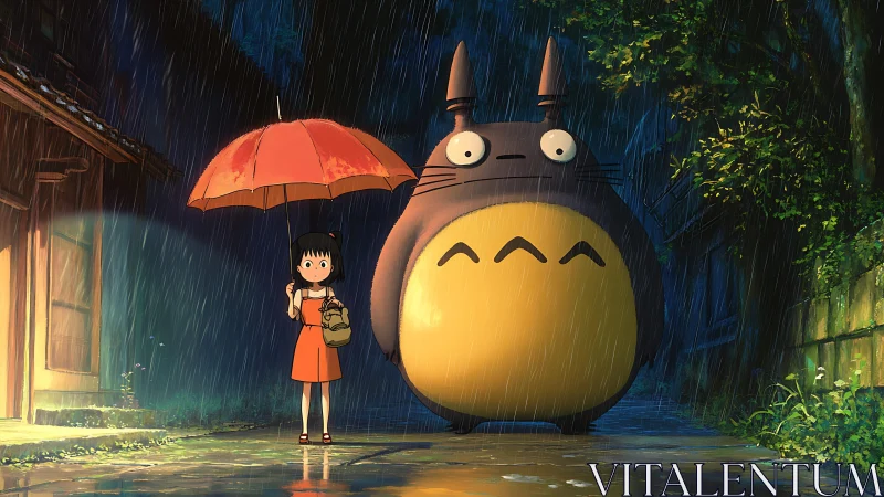 Girl with umbrella beside large forest creature in rain.