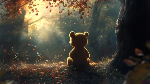 Digital painting of teddy bear in autumn backlit glade composition.