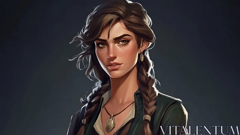 Braided-haired adventurer portrait with pendant and moody light
