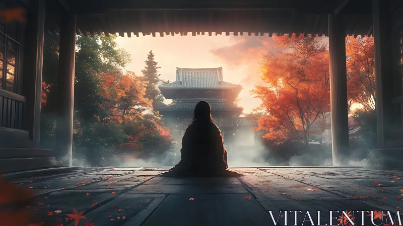 Person sits in temple hall facing misty autumn garden