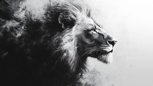 Monochrome lion profile in abstract smoke dispersion effect.