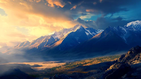 Sunlit snowcapped mountain range over valley at dusk.