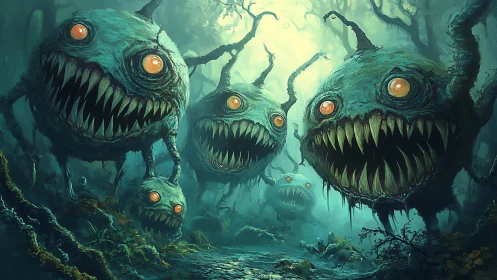 Floating swamp monsters advance through a misty haunted forest