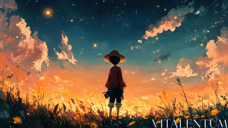 Figure in straw hat observes luminous sky over field