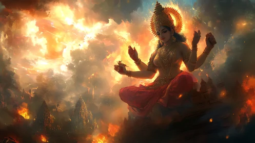 Divine female figure levitates over burning temples at dusk