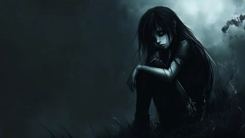Girl sits alone in dark landscape with moody lighting