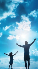 Silhouetted adult and child with raised arms under bright sky.