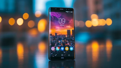 Premium Android Smartphone Displaying Vibrant Urban Sunset Wallpaper.