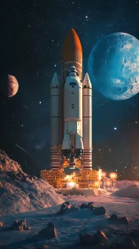 Photorealistic lunar launchpad with shuttle and twin moons.