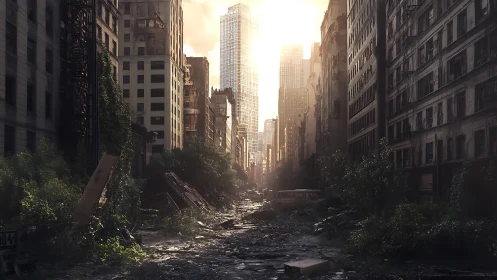 Sunlit skyscraper crowns a post-apocalyptic urban canyon
