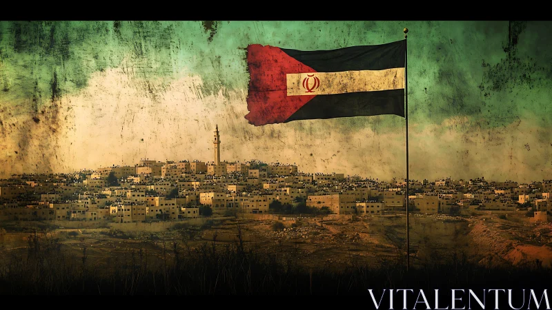 Weathered tricolor flag over dense desert hillside city.