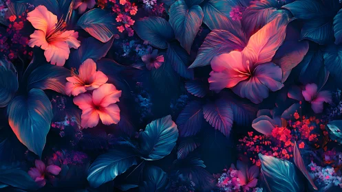 Three-dimensional floral composition with neon color mapping