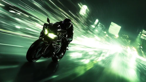 Night rider tears through neon city streets at full speed