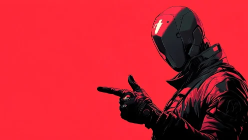 Masked cyber agent strikes a pose against vivid red field.
