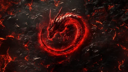 Fiery dragon coils in a glowing ring above molten stone
