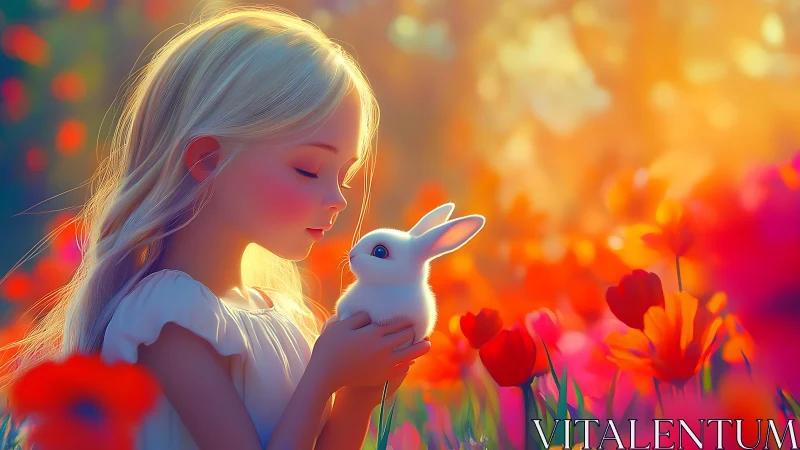 Luminous child–rabbit portrait in saturated tulip field glow.