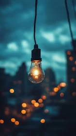 Gentle city light bulb glowing softly against dusk skies.