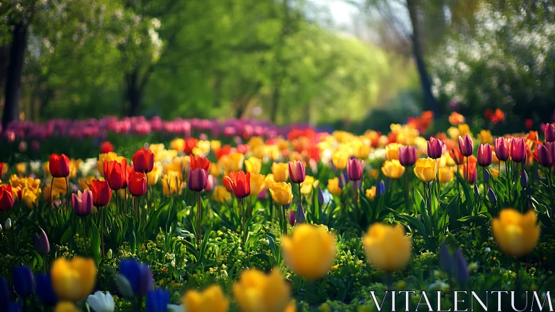 Spring Tulip Garden: Depth-Focused Floral Composition in Warm Hues.