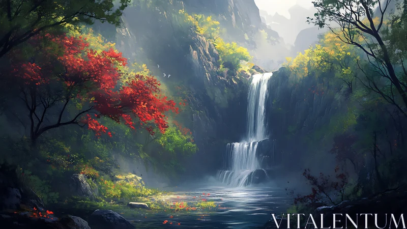 Waterfall descending into calm forest pool between cliffs