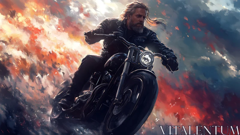 Bearded rider drives motorcycle through blazing storm sky