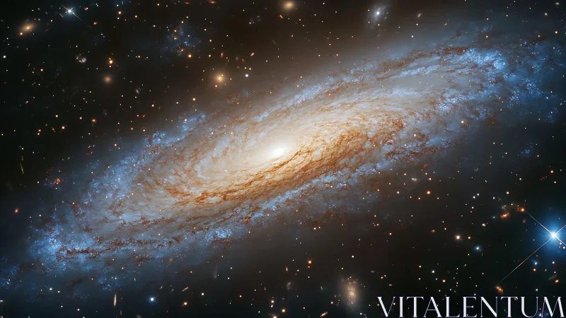 Spiral galaxy drifts in stardust blues and golden firelight.